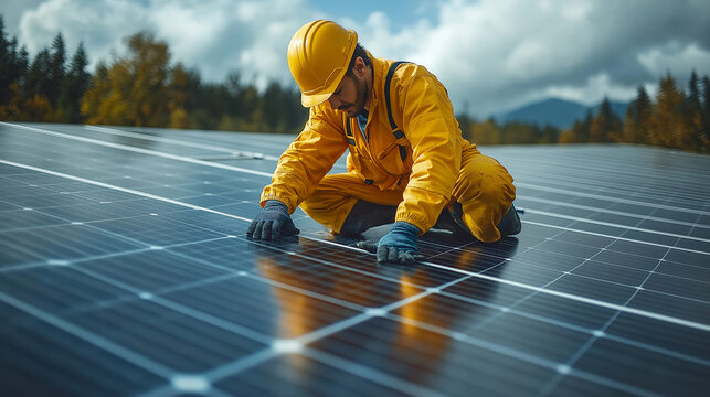 Professional Engineer Service Solar Panel. Worker Maintenance Cleaning Replacing Solar Panel. Solar photovoltaic panel system in Industry roof. Saving Energy with Clean Power.