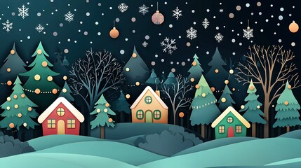   A wintery nightscape with houses adorned in snow and festive Christmas lights draped on trees, as snowflakes cascade gently from the cloudy sky above