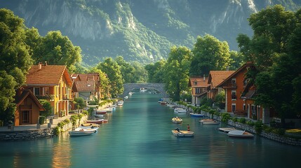 Fototapeta premium Idyllic canal town nestled between mountains, boats and bridge.