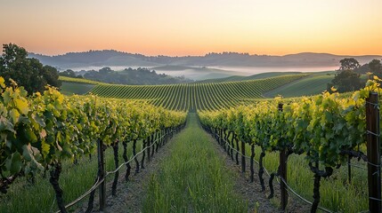 Naklejka premium A vineyard in a field of green grass is bathed in the setting sun as hills and trees surround the scene