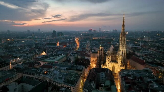 Aerial view of famous places St. Stephen's Cathedral Stephansdom at night. Mother church of the Roman Catholic Archdiocese of Vienna. Austria