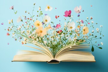 Dried pressed various leaves and flowers placed on the pages of an open old book lying on a white background
