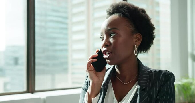 Business, black woman and phone call for discussion in office, networking and legal advice on web. Smile, male attorney and mobile contact for conversation, proposal feedback or justice at law firm
