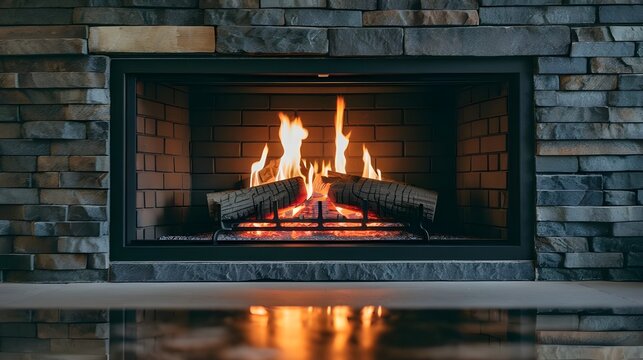 Modern Fireplace with Burning Firewood in Stone Wall