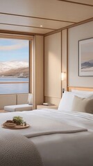 A Japandi-style bedroom features wooden paneling and cozy blankets, offering a warm refuge with stunning views of snowy mountains, ideal for unwinding after skiing.