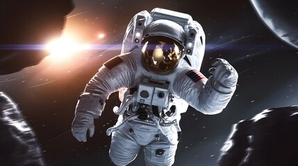 Fototapeta premium Astronaut Floating In Space With Stars And Planets In The Background