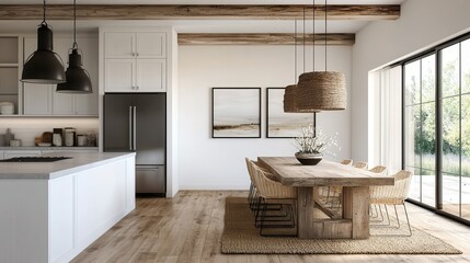 A bright, modern kitchen and dining area featuring wooden beams, woven light fixtures, a large dining table with wicker chairs, and stainless steel appliances.