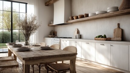 A rustic kitchen featuring a wooden dining table set with dishware, natural light streaming through large windows, creating a bright and welcoming atmosphere for gatherings.