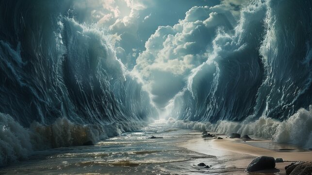 Moses parting the red sea  a realistic depiction of the biblical miracle and safe passage