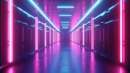 Fototapeta premium A futuristic hallway with glowing pink and blue neon lights.