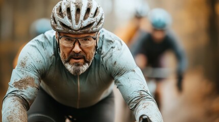 A group of cyclists wearing helmets and mud-splattered clothes, riding their mountain bikes energetically through a challenging and muddy forest trail with focus.
