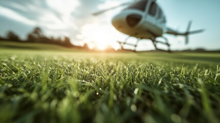 A close-up of a helicopter landing on a pristine golf course in the light of dawn, signifying elegant adventures, modern transportation, and the tranquil beauty of nature.