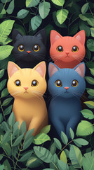 Fototapeta premium Four adorable kittens, each a different color, peek out from behind lush green foliage.