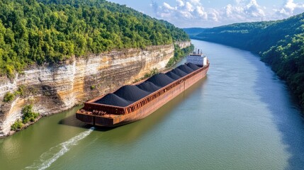 Naklejka premium A barge slowly navigates the wide river in West Virginia, carrying a load of coal with smoke rising from its chimney, while lush trees adorn a nearby island