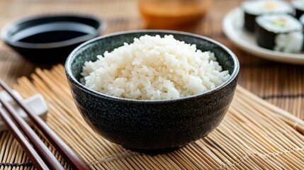 A bowl of steaming sushi rice next to a sushi rolling mat, chopsticks, and soy sauce, ready for assembling homemade sushi rolls.