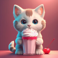 A cute kitten holding a pink milkshake with a cherry, radiating vibrant colors and playful charm, ideal for children’s products, greeting cards, and whimsical or cartoon-themed designs.