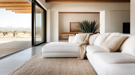 Airy living room featuring a large white sofa with cozy throw pillows, a woven rug, large sliding glass doors, and an expansive view of the scenic outdoor nature, creating a peaceful ambiance.
