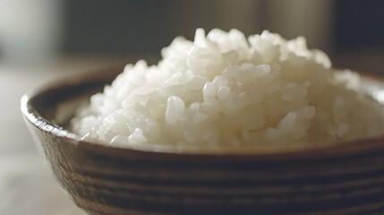 A close-up of perfectly cooked, glistening sushi rice with a hint of vinegar, displayed in a traditional Japanese bowl, ready to be used for sushi rolls.
