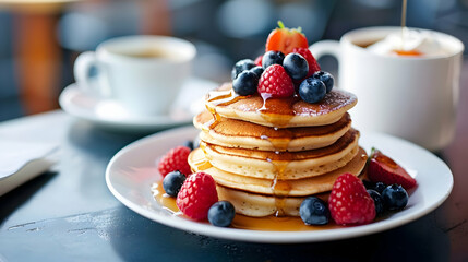 Delicious Pancakes with Fresh Berries and Syrup