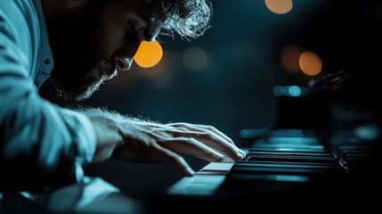 A dramatic close-up of hands playing piano keys, illuminated by dim lighting which enhances the intimate and emotional atmosphere of the scene, capturing the essence of musical passion.