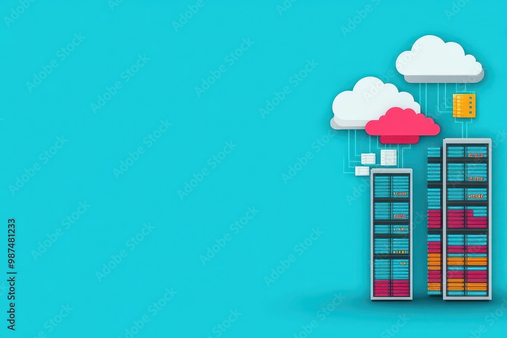 Poster cloud storage, servers uploading data, flat design illustration