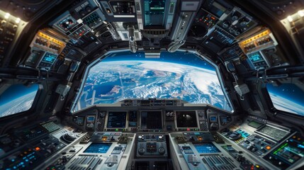 Stunning interior of a spaceship featuring control panels and a breathtaking earth view