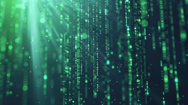 Futuristic abstract digital background with cascading green binary code on dark canvas