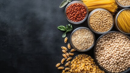 Various types of grains and pasta displayed in bowls and jars, showcasing the diversity and richness of staple foods typically found in a well-stocked kitchen.