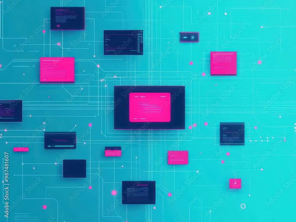 Poster data exchange between computers, seamless communication, flat design illustration