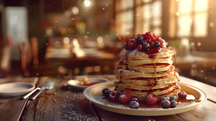 Obraz premium Delicious Pancakes with Berries and Syrup A Perfect Breakfast