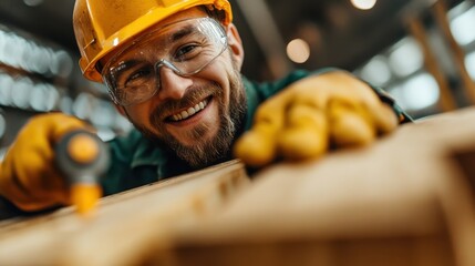 A worker intensely focused on drilling a piece of wood, ensured by safety gear including gloves and helmet, emphasizing skill, safety, and craftsmanship in a workshop environment.