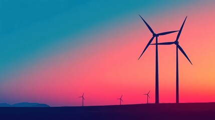 Fototapeta premium Electric wind farm in sunset, modern energy landscape, flat design illustration