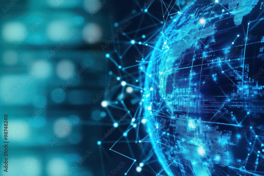 Poster global communication system with holographic data streams and connected servers around the world, te