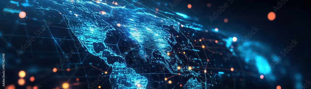 Poster global resource network, floating holographic maps, futuristic world economy visualization