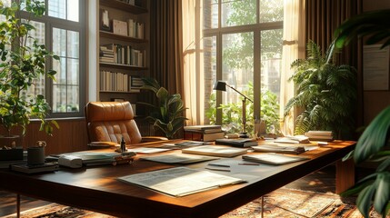 Obraz premium Modern Office Interior Design with Large Windows Plants and Desk