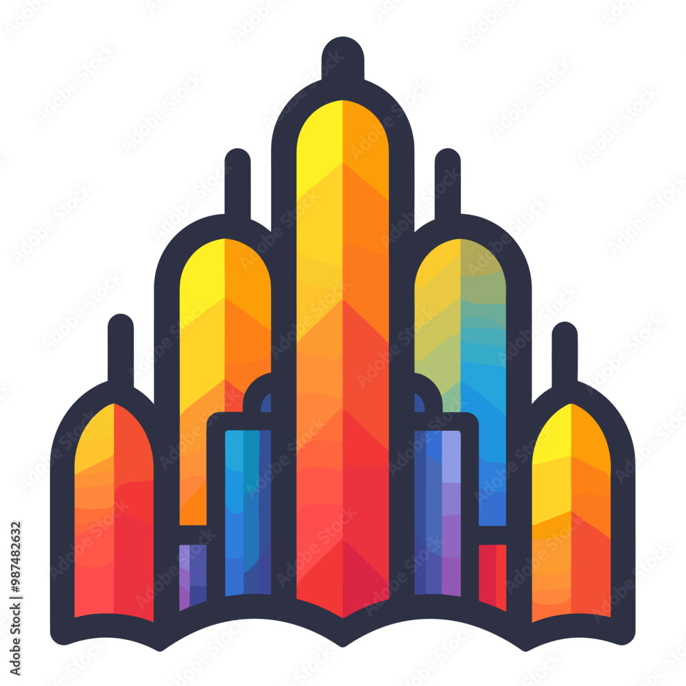 Poster a colorful building with a rainbow colored roof. the building is tall and has many windows. the roof