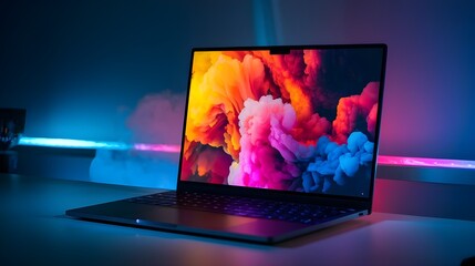 Laptop with Colorful Smoke Screen Saver on Desk