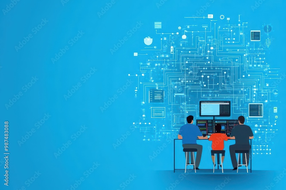 Poster it professionals troubleshooting network issues, flat design illustration
