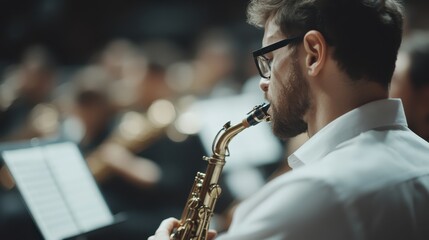 A saxophonist wearing a white shirt is deeply immersed in music during an orchestral session,...