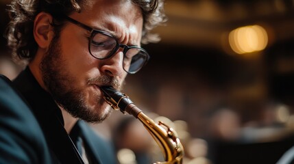 A musician intensely plays the saxophone in a beautifully blurred background, with golden lights adding to the atmosphere, capturing a moment of musical expression.