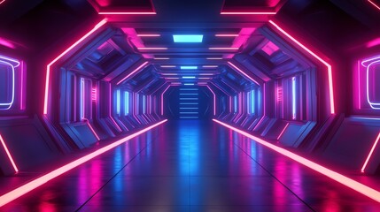 Futuristic hallway with glowing pink and blue neon lights.