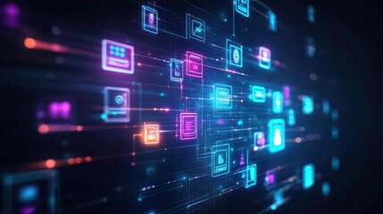 Obraz premium Multilingual service desks represented by AI avatars in a glowing, futuristic digital space, SciFi, Neon highlights, Black background