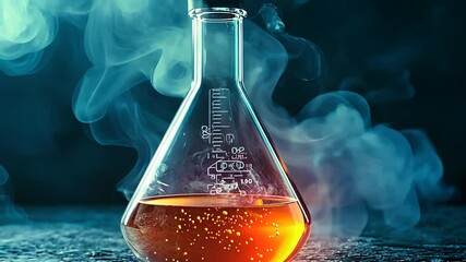 Erlenmeyer flask with orange chemical solution and steam, illustrating laboratory experiments, chemistry reactions, and scientific research.

