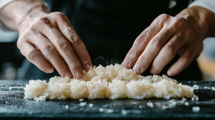 A sushi chef's hands carefully shaping seasoned rice into a perfect nigiri base, emphasizing the precise technique in sushi preparation.