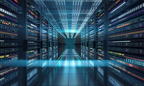 The network transports digital information through data servers housed behind glass panels in the server room of a data center or Internet service provider.