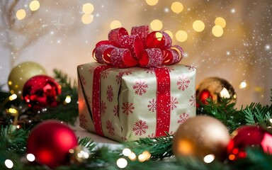 Festive Christmas Gift Box With Decorations and Lights