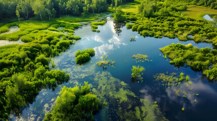 Fototapeta premium Aerial View of a Lush River Landscape with Sky Reflection