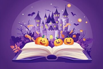 Big castle or witch house in the night of Halloween, with pumpkins and bats, fun drawing for children
