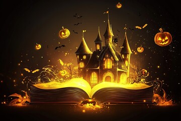 Big castle or witch house in the night of Halloween, with pumpkins and bats, fun drawing for children
