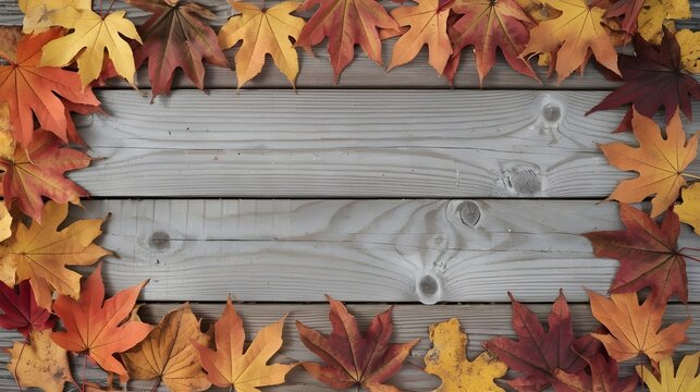 Autumn Leaves on Wooden Background